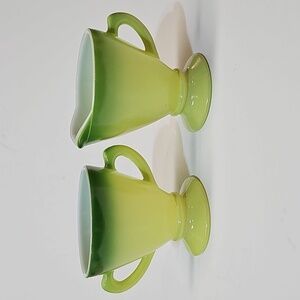 Vintage Hazel Atlas Ovide Platonite Informal Green + Yellow Creamer + Sugar Set